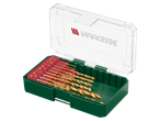 PARKSIDE® drill bit set assortment with golden drill bits in a green case.