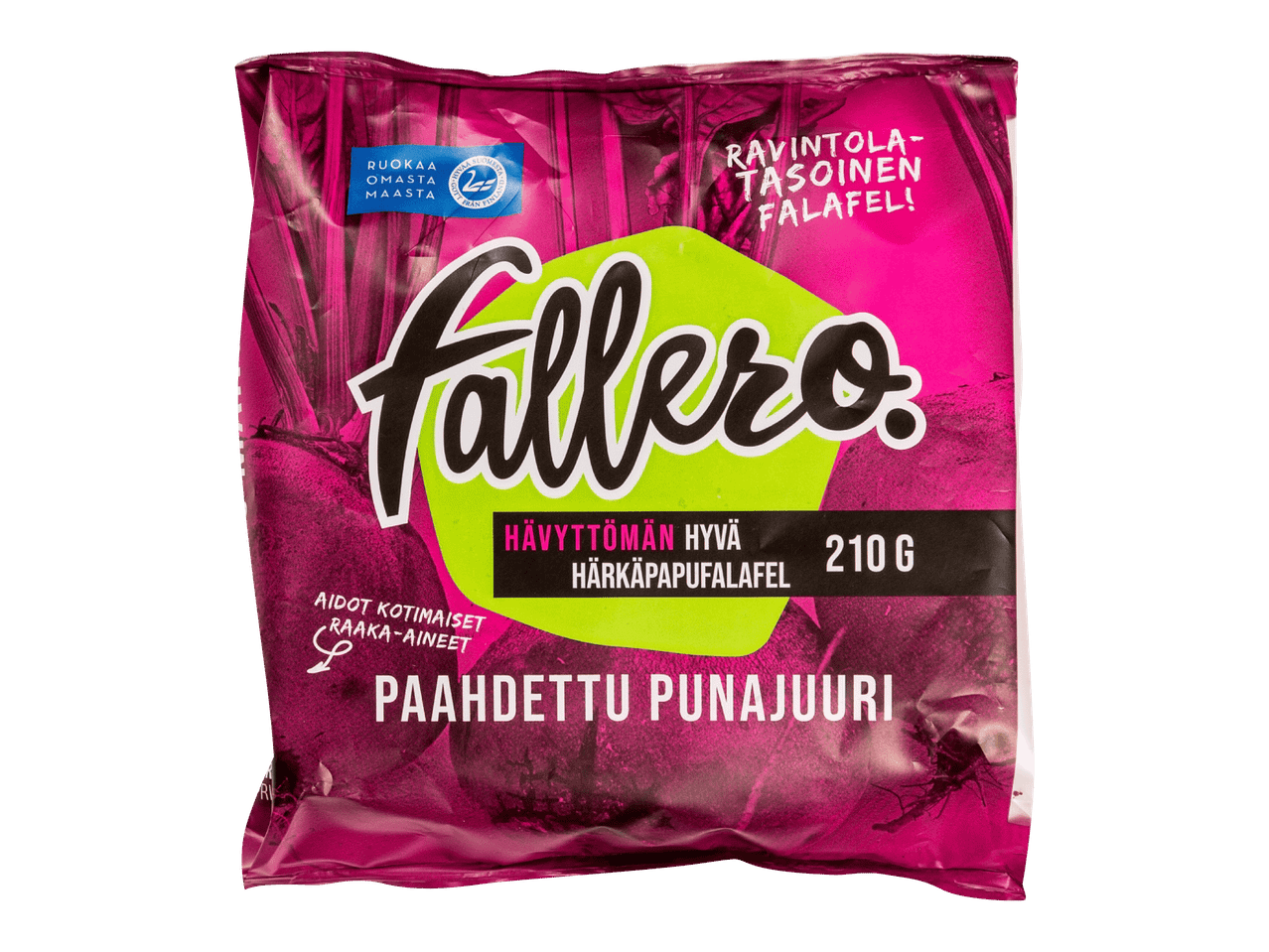 Pakkaus härkäpapufalafeleja paahdetulla punajuurella, 210 g.