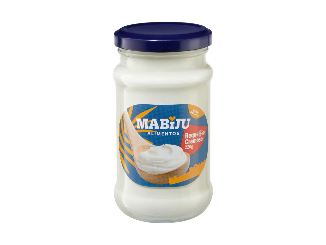 A glass jar of creamy cheese spread with a blue lid and a label featuring a wooden spoon.