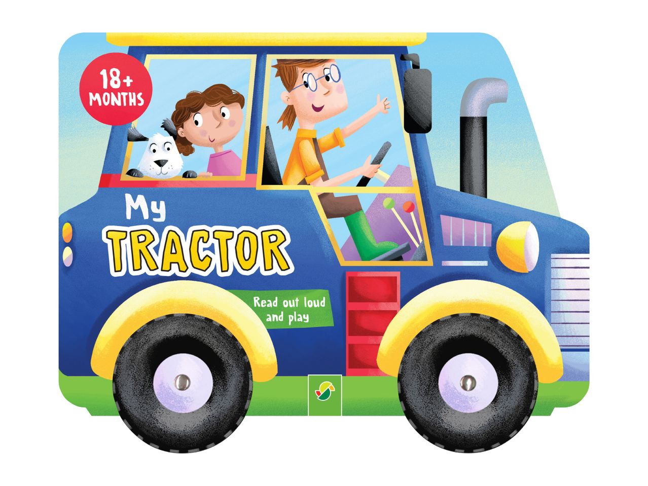 Children's book: My Tractor, for 18+ months, with a boy, girl, and dog in a tractor.