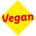 Gelbes rautenförmiges Vegan-Siegel mit rotem Schriftzug 'Vegan'.