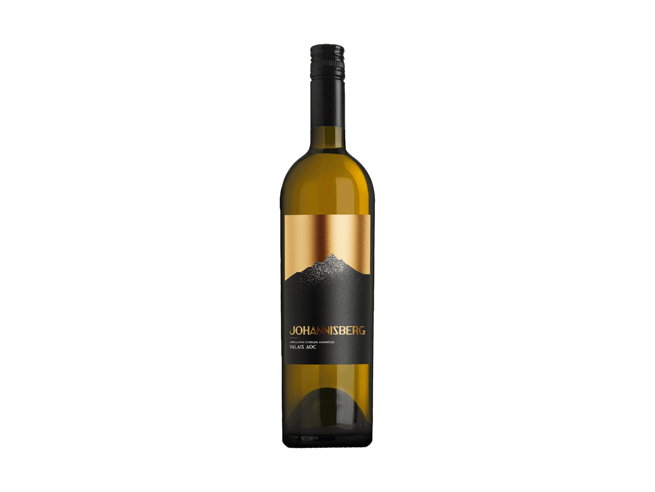 Eine Flasche Weißwein mit einem schwarz-goldenen Etikett, das Berge zeigt.