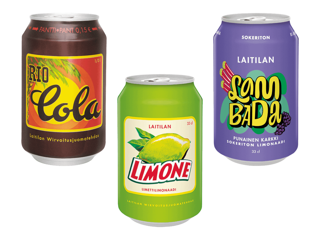 Kolme virvoitusjuomatölkkiä: cola, limetti ja sokeriton punainen karkkilimonadi.