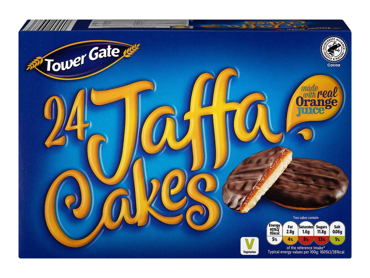 24 Tower Gate Jaffa Cakes: chocolate biscuits with orange.