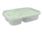 Rectangular clear plastic food container with a light green lid and three compartments