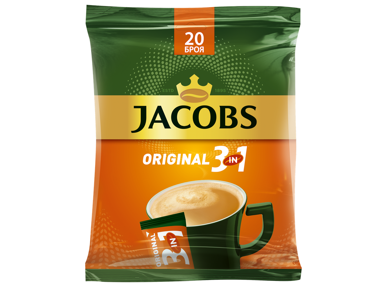 Пакетче 3 в 1 разтворимо кафе с 20 броя, с чаша кафе и едно саше.