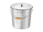 Verzinkter Metalleimer mit Deckel, Holzgriff und 15 Litern Fassungsvermögen.
