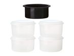 Black plastic container and four white plastic food storage containers with lids