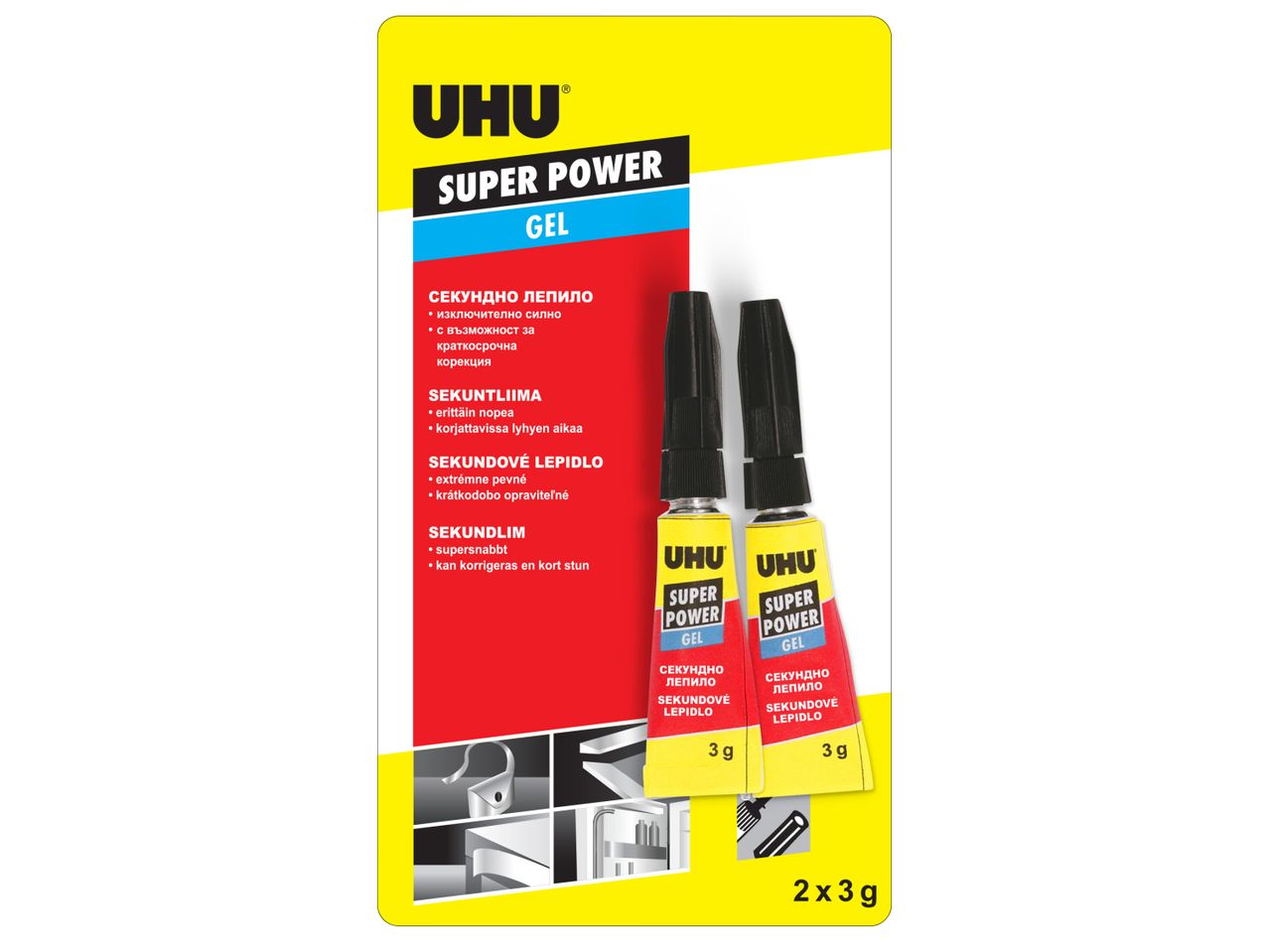 Опаковка на UHU Super Power Gel лепило, показваща две тубички от 3 g.