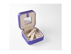 Purple square jewelry box with interior compartments and mirror.