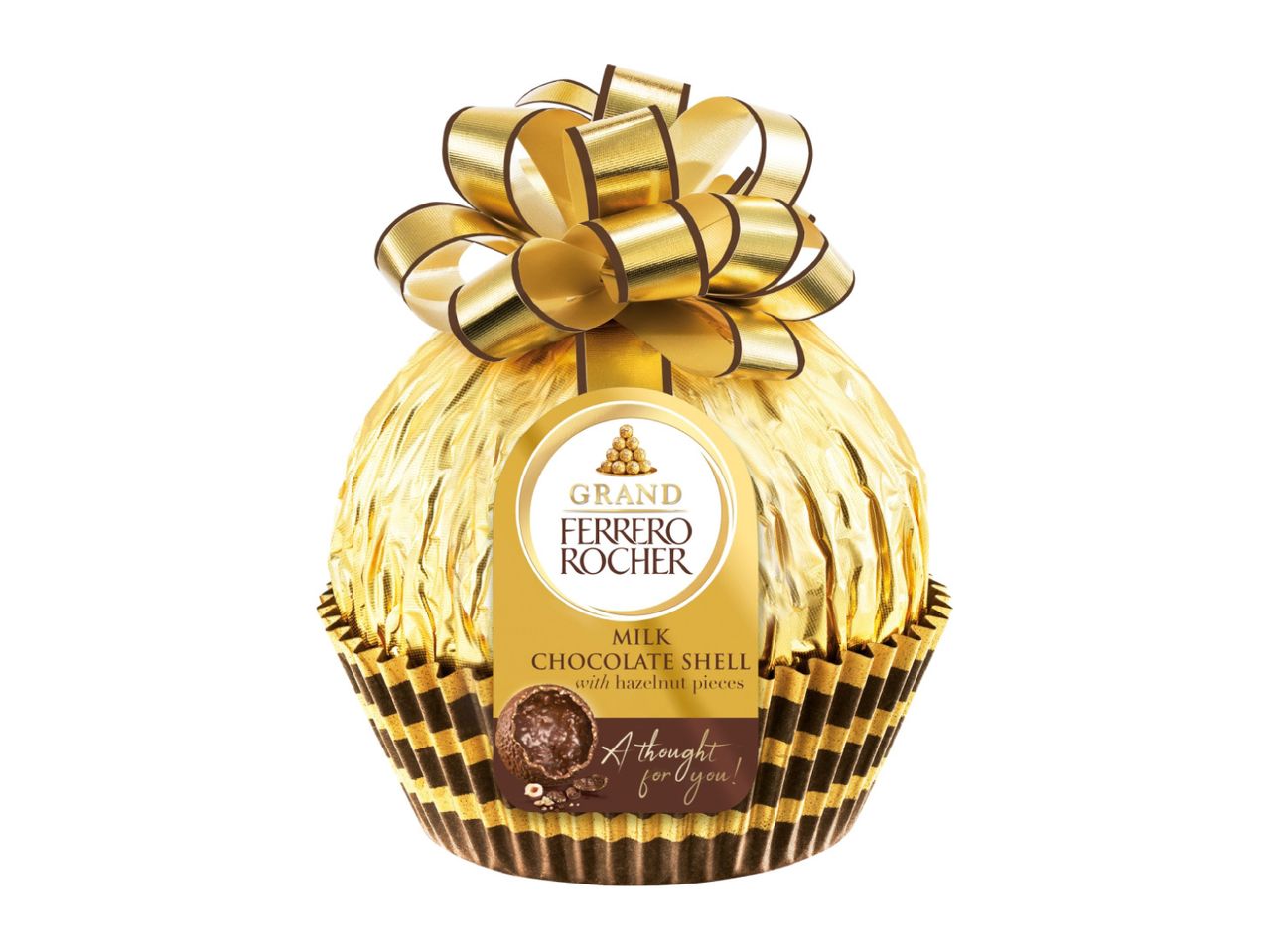 Ferrero Rocher Grand milk chocolate shell with hazelnut pieces, in a gold wrapper and bow