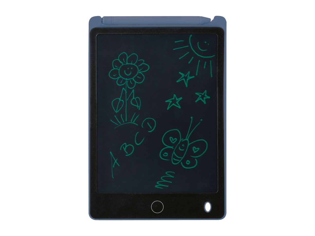 Blue LCD writing tablet with a flower, sun, stars, butterfly, and ABC drawn on it.