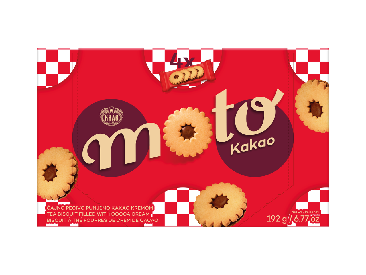 Kutija čajnih keksa punjenih kakao kremom, s natpisom 'moto Kakao' i težinom 192g.