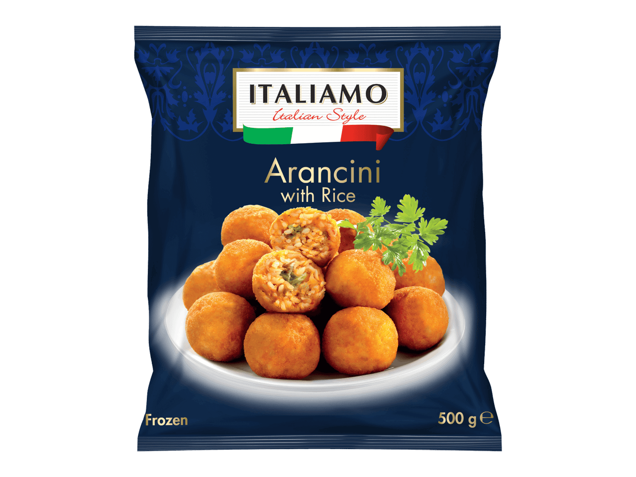 Italiamo Arancini with Rice -pakkaus, jossa on kuva riisipalloista.