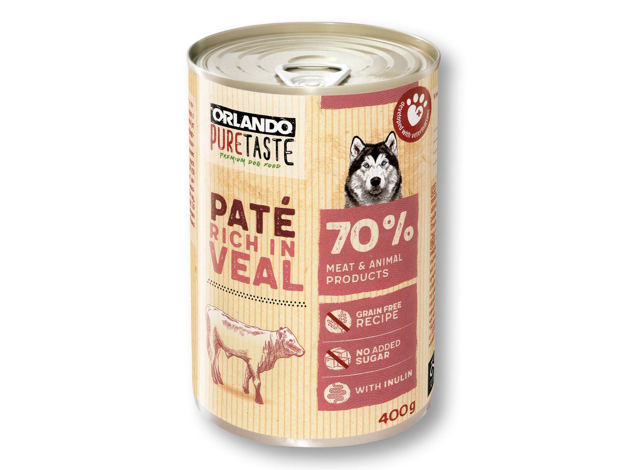 Кучешка храна Orlando PureTaste, пастет от телешко, 70% месо.