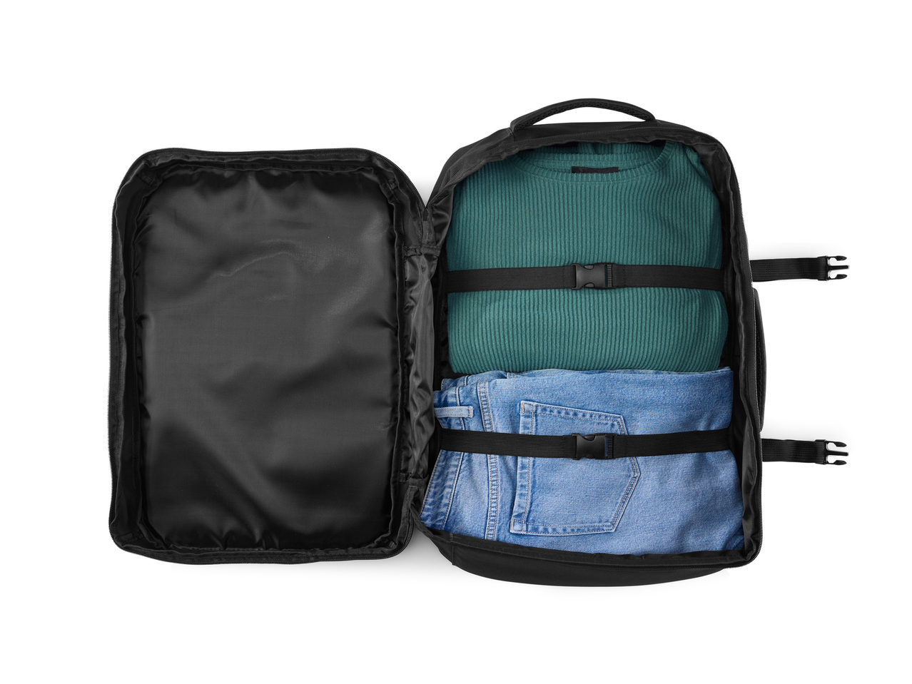 ESMARA 2 vienā mugursoma atvērta ar zaļu džemperi un džinsiem, uz balta fona.