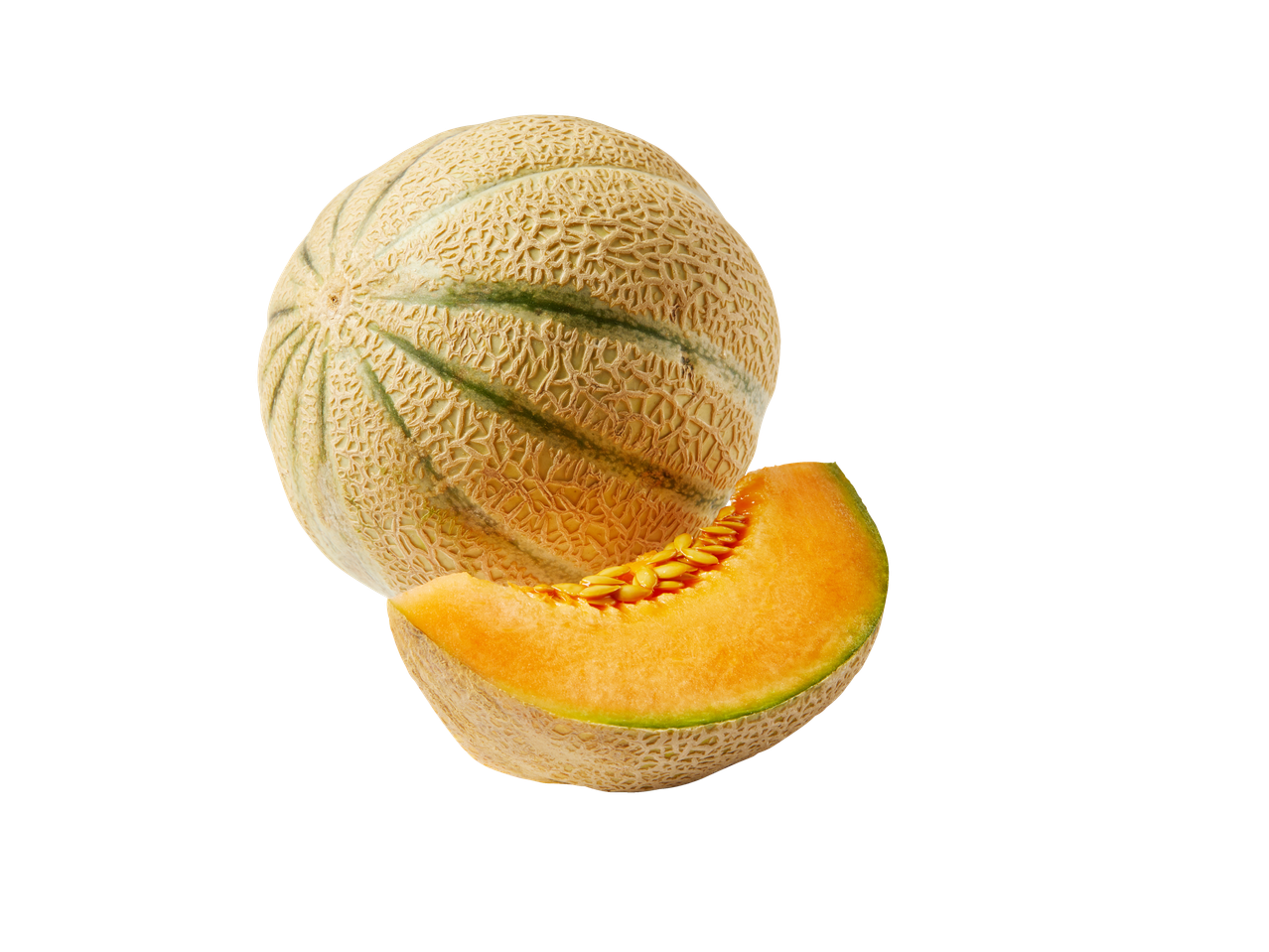 Cantaloupe dinja i kriška u letu.