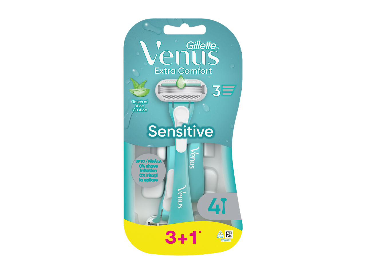 Pachet de 3+1 aparate de ras de unică folosință, cu aloe vera, pentru piele sensibilă.