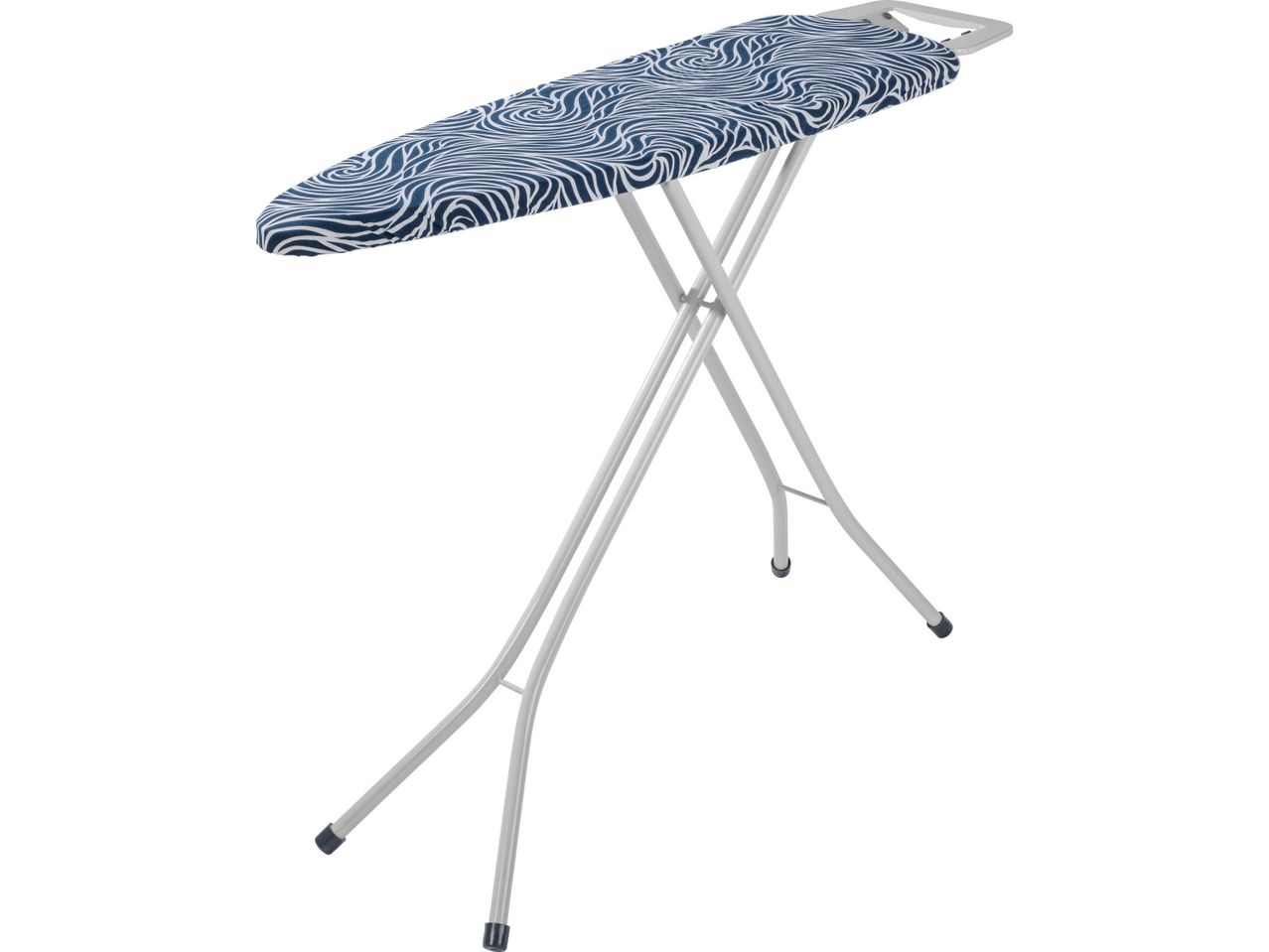 An ironing board with a blue and white patterned cover.