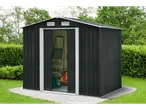 Dark grey garden shed with open sliding doors, a ladder and apples inside.