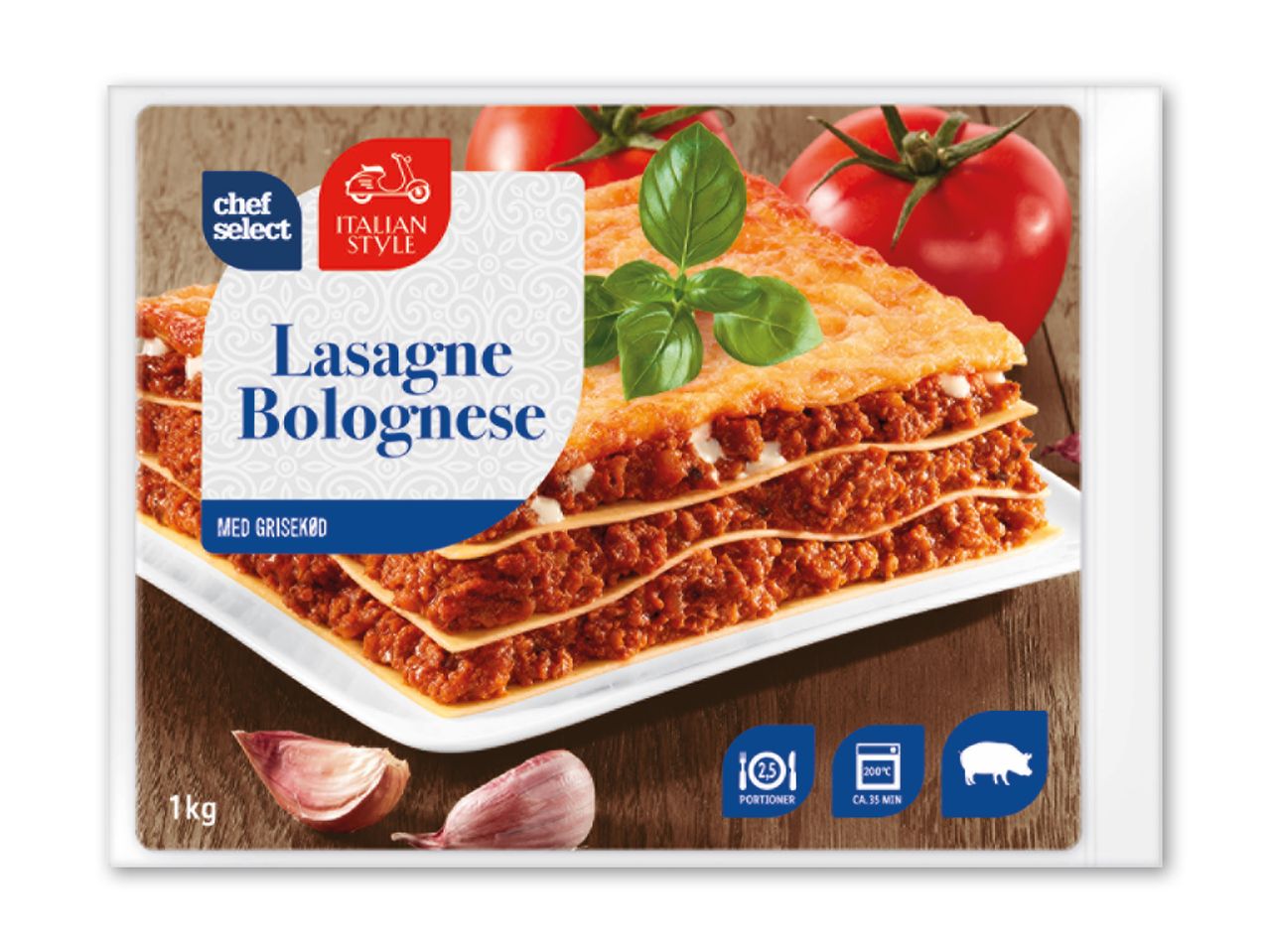 Lasagne Bolognese med grisekød, 1 kg, 2,5 portioner, tilberedning 200°C i ca. 35 minutter.