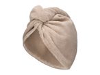 Beige microfiber hair towel wrap with a twisted knot design on a white background.