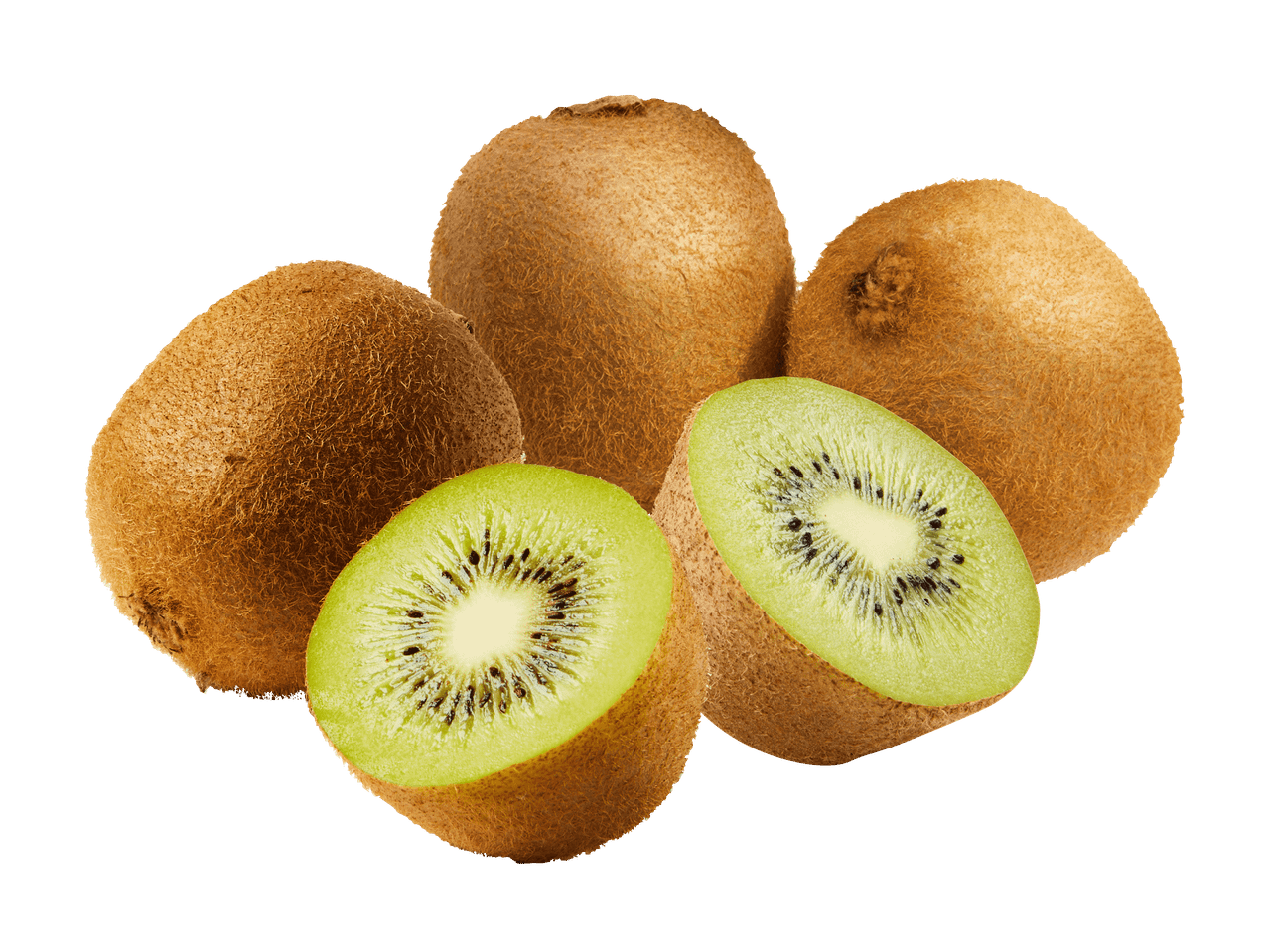 Neljä kokonaista kiiviä ja kaksi halkaistua kiiviä mustalla taustalla.