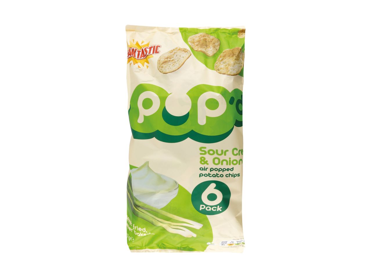 A 6-pack of air-popped sour cream & onion potato chips.