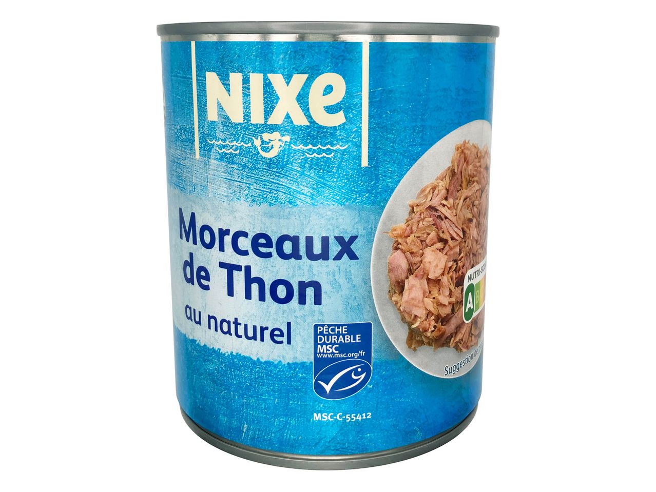 Boîte de thon Nixe, morceaux de thon au naturel, avec le label MSC.
