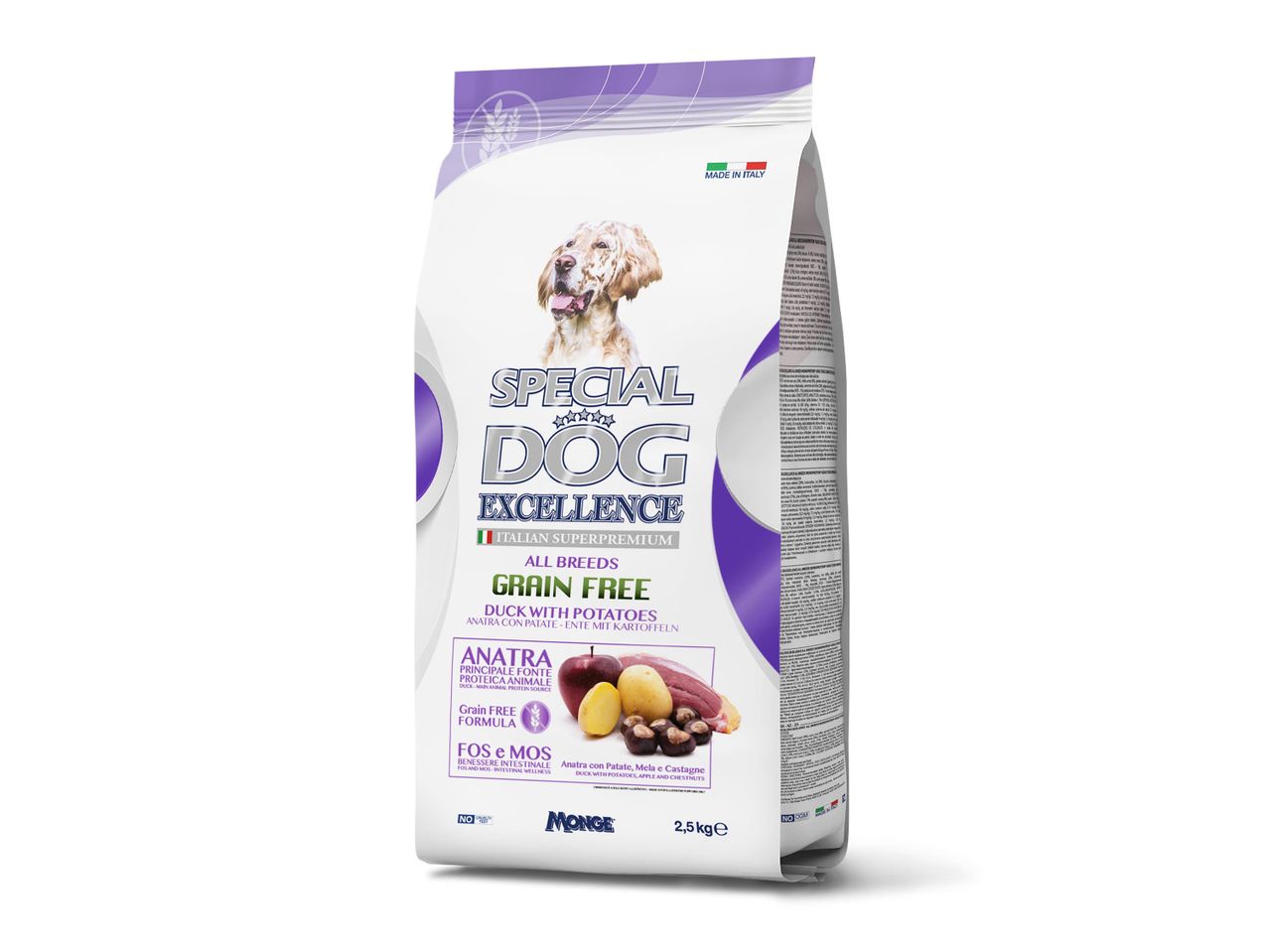 Special Dog Excellence Grain Free kutyatáp kacsával és burgonyával, 2,5 kg-os kiszerelésben.