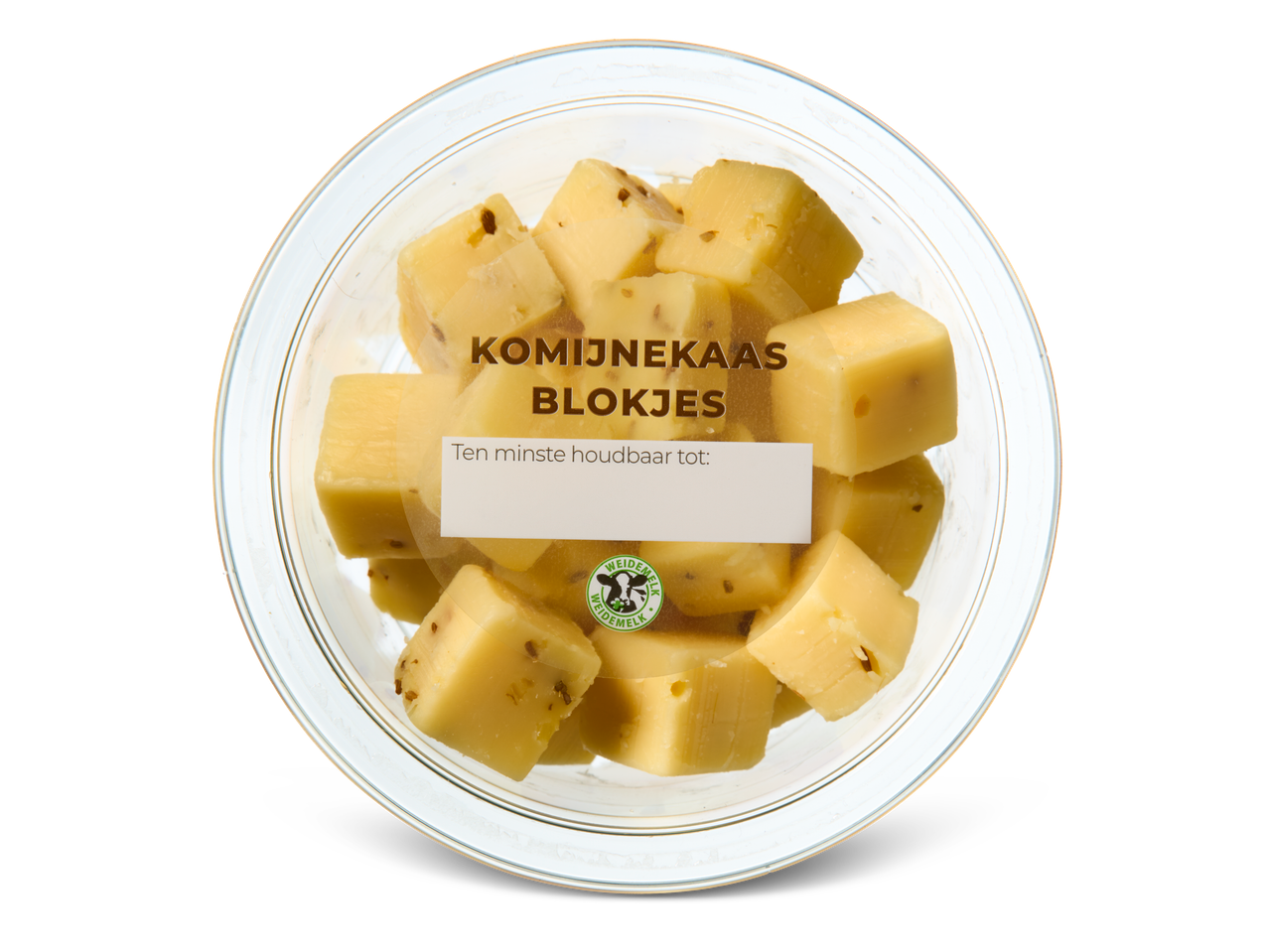 Komijnkaasblokjes in een transparante verpakking.