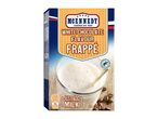 White chocolate flavour frappé mix with a glass of prepared drink and coffee beans.