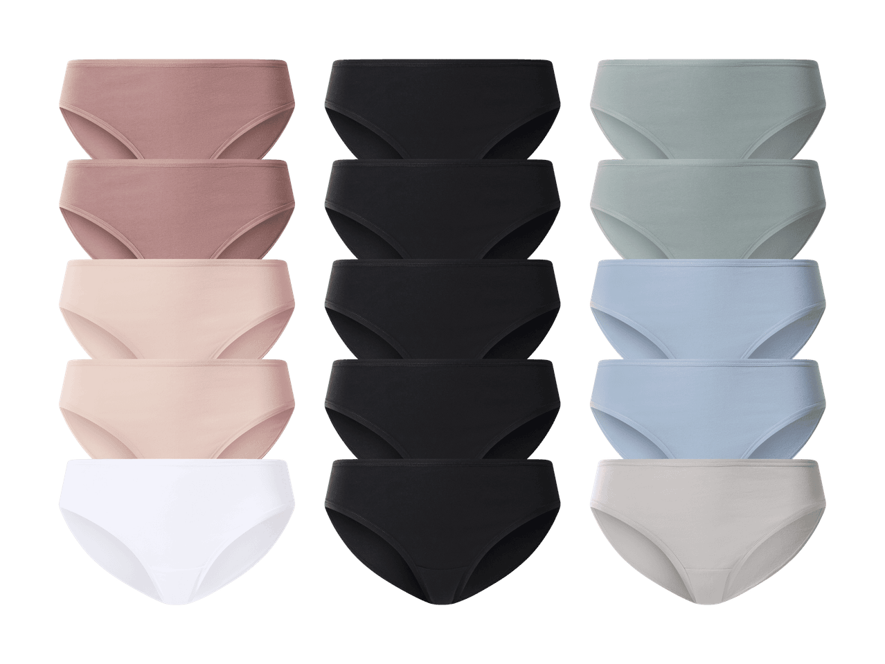 Trusser i forskellige farver: rosa, sort, lyseblå, hvid og beige.