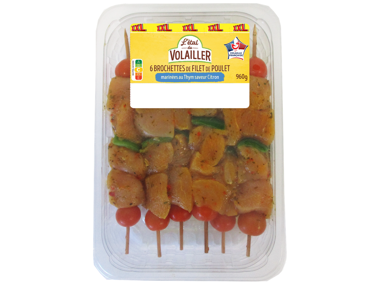 6 brochettes de filet de poulet marinées au thym et citron, avec Nutri-Score C et label Volaille Frenche.