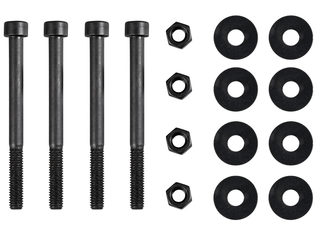 Комплект от четири черни болта, четири гайки и осем шайби на черен фон.