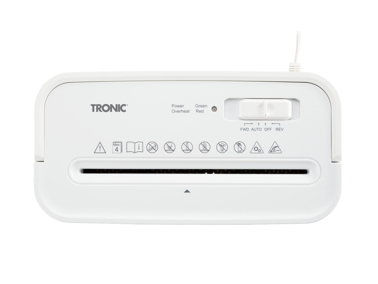 Tronic® papīra smalcinātājs ar FWD, AUTO, OFF, REV vadības elementiem un brīdinājuma simboliem.
