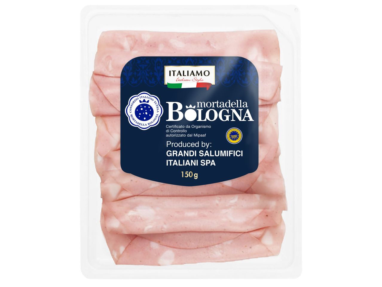 Италиански деликатес Мортадела Болоня от свинско месо, нарязана, 150 g/опаковка
