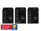 Three fragranced candles (Oud, Sandalwood, Amber) with a 'Save 20% with Lidl Plus' offer.