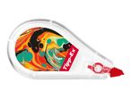 Correction tape with a clear casing and a colorful abstract design, featuring red accents.