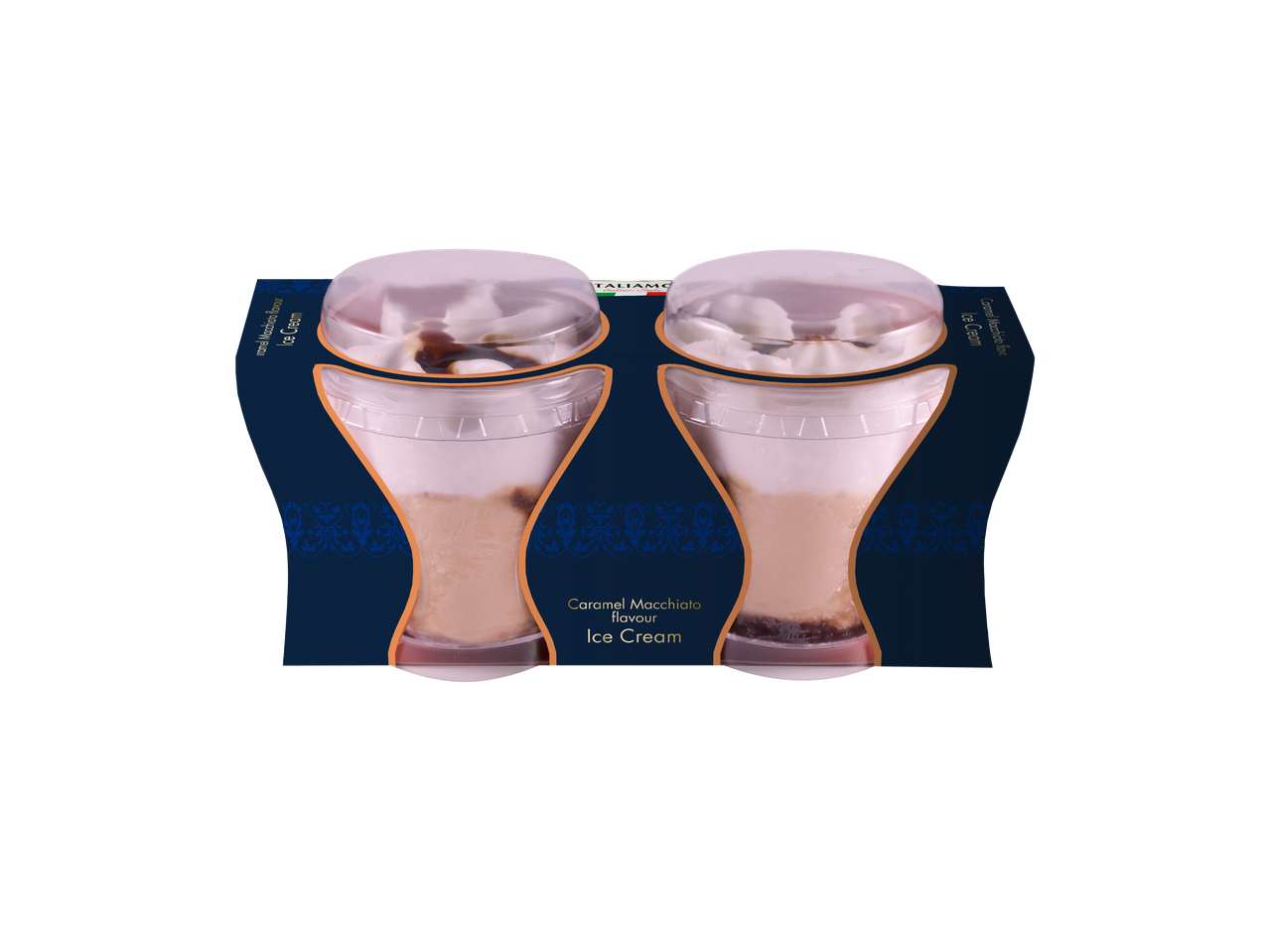 Dois gelados de caramelo macchiato em copos transparentes numa embalagem azul-escura.
