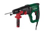 Green and black rotary hammer drill with a red auxiliary handle and a drill bit