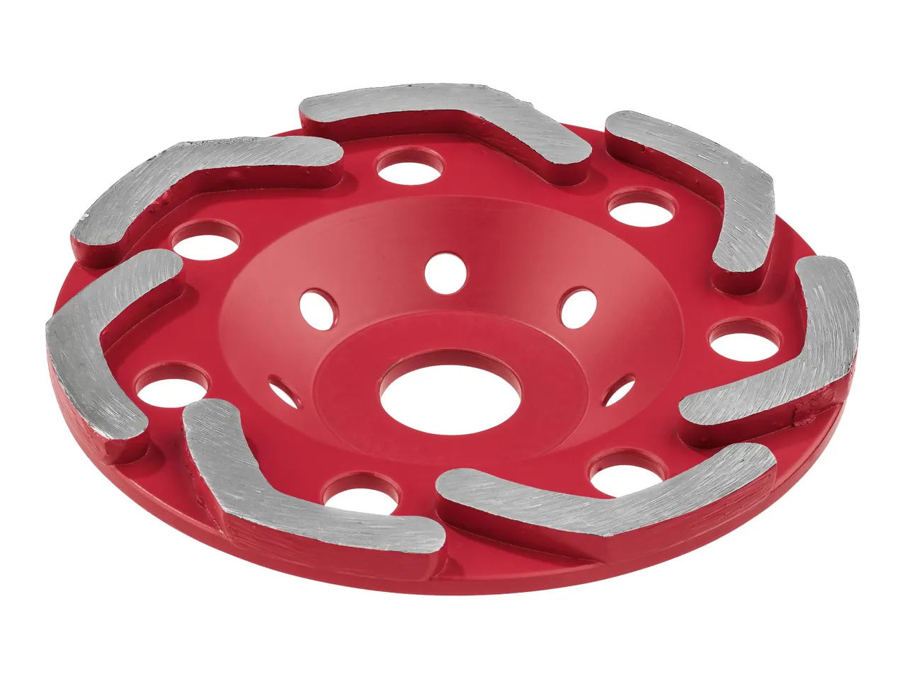 Red diamond grinding cup wheel with segmented abrasive pads
