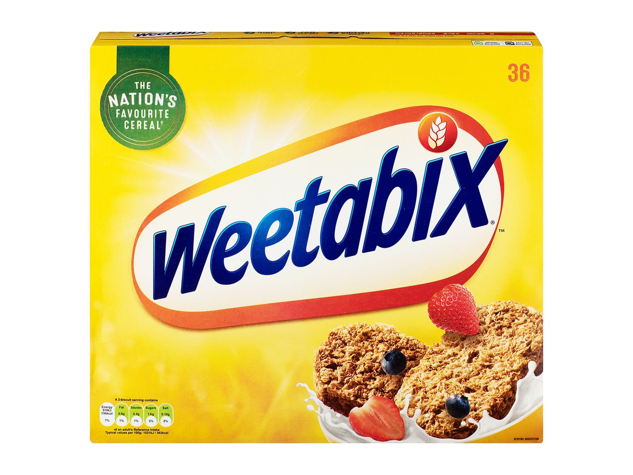 Weetabix biscuits cereal with strawberries and blueberries.