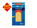Pakke med lasagneplader med teksten 'Fast lav pris' og '500g e'.