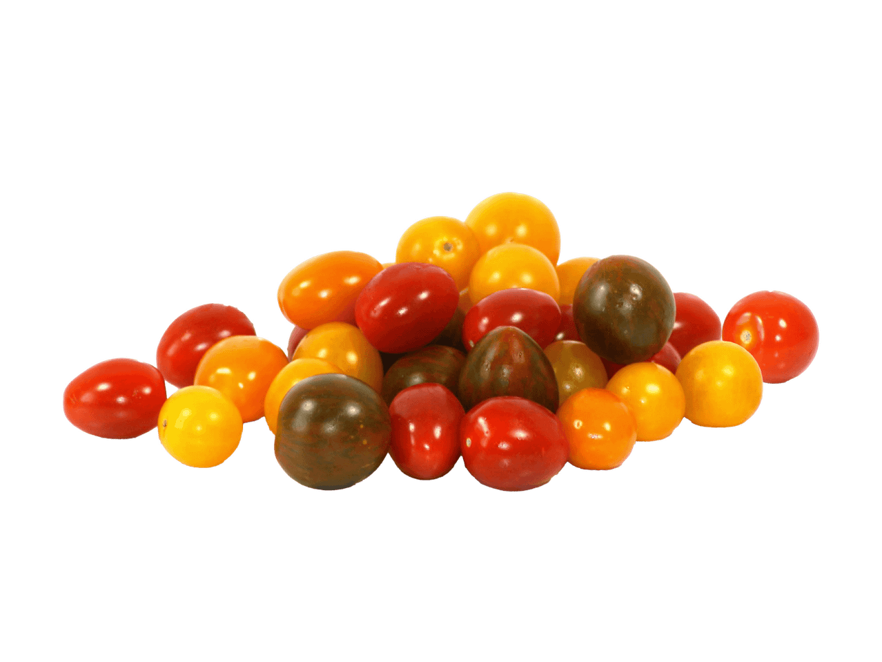 Ein Haufen bunter Kirschtomaten in Rot, Orange, Gelb und Dunkelgrün.