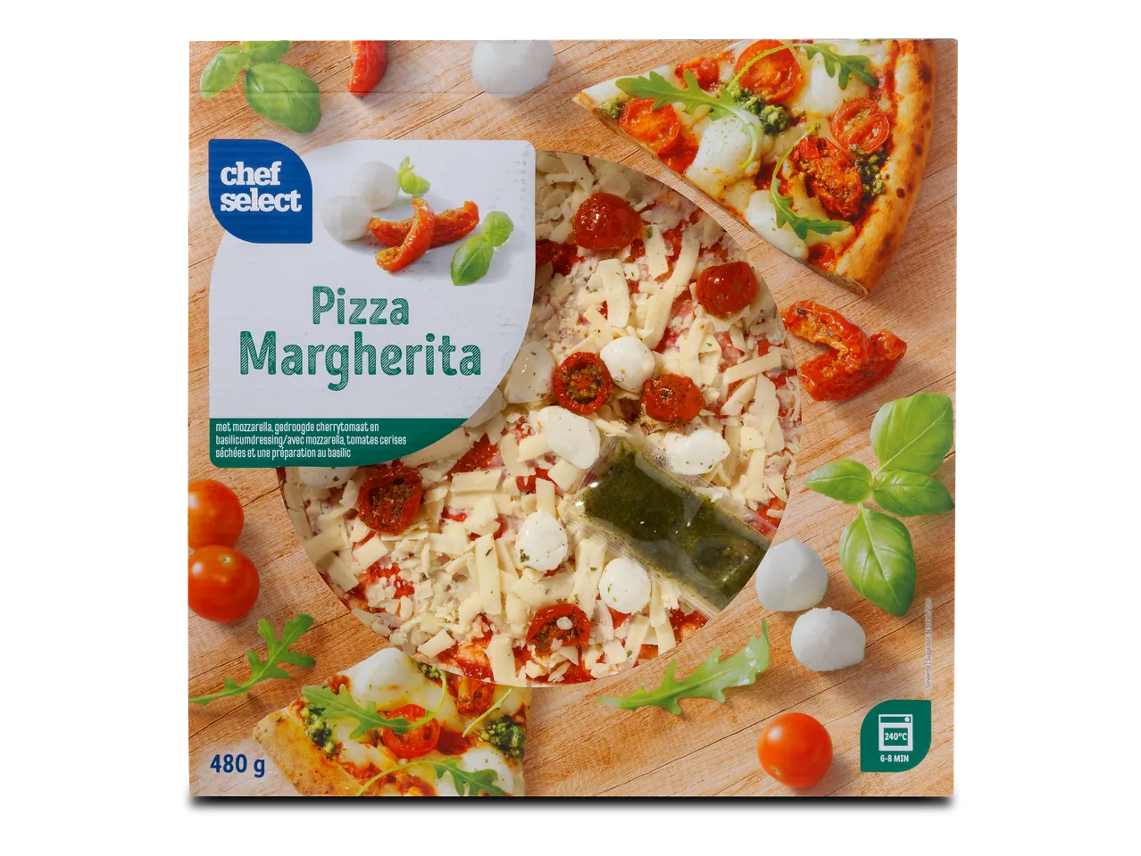 Verpakking van een Margherita pizza met mozzarella, gedroogde cherrytomaten en basilicumdressing, 480g.