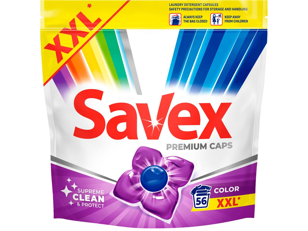 Опаковката на Savex Premium Caps XXL съдържа 56 капсули за пране на цветно пране.