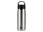 Сребриста бутилка за вода от неръждаема стомана с черна капачка и дръжка.