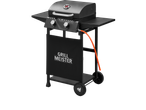 Grillmeister 2 Burner Gas Barbecue with side tables and an orange gas hose.
