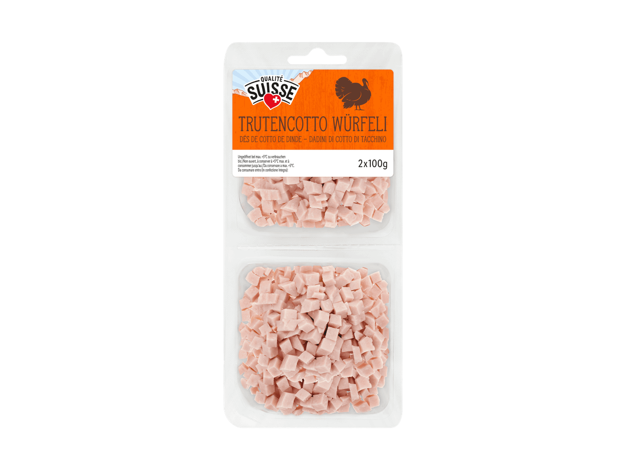 Paquet de dés de cotto de dinde, 2x100g, avec étiquette Qualité Suisse.